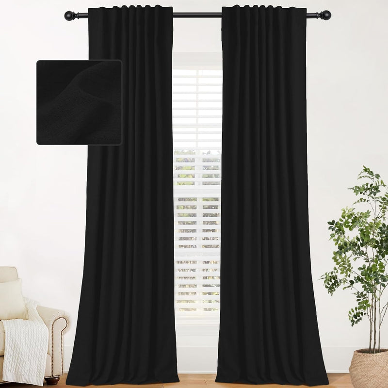 100% Blackout Linen Curtains 2 Panels Set Back Tab/Rod Pocket