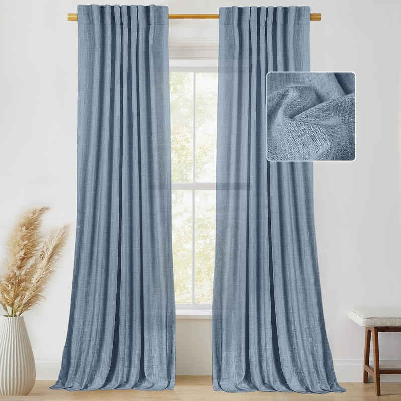 Semi Sheer Back Tab Linen Curtains 2 Panels Set