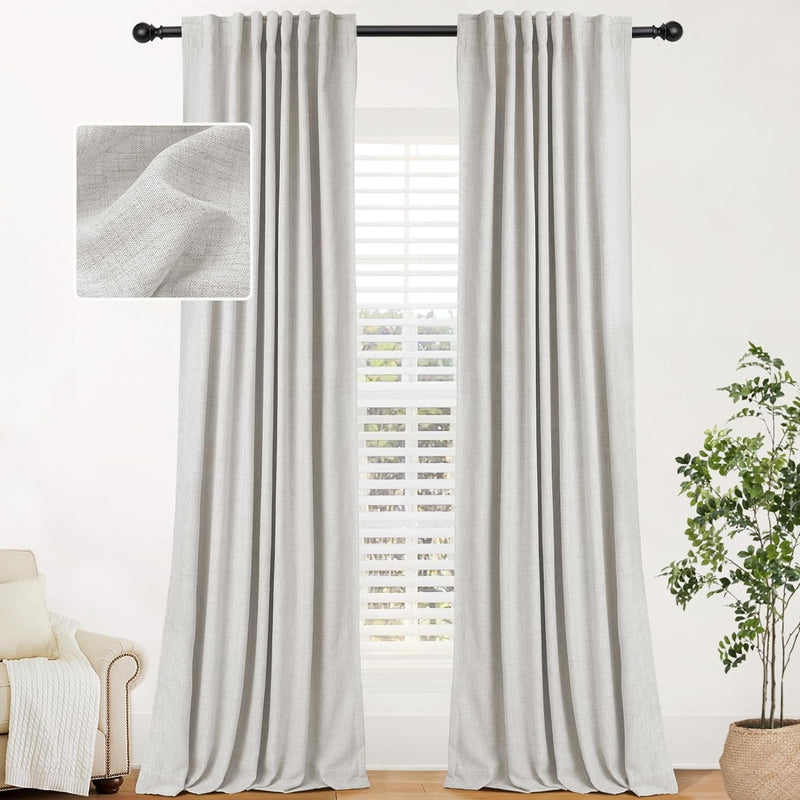 100% Blackout Linen Curtains 2 Panels Set Back Tab/Rod Pocket