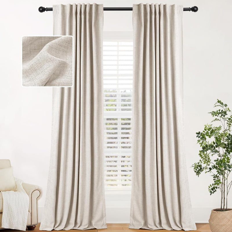 100% Blackout Linen Curtains 2 Panels Set Back Tab/Rod Pocket