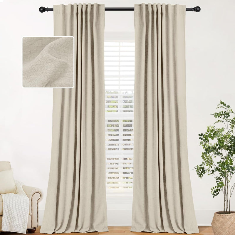 100% Blackout Linen Curtains 2 Panels Set Back Tab/Rod Pocket