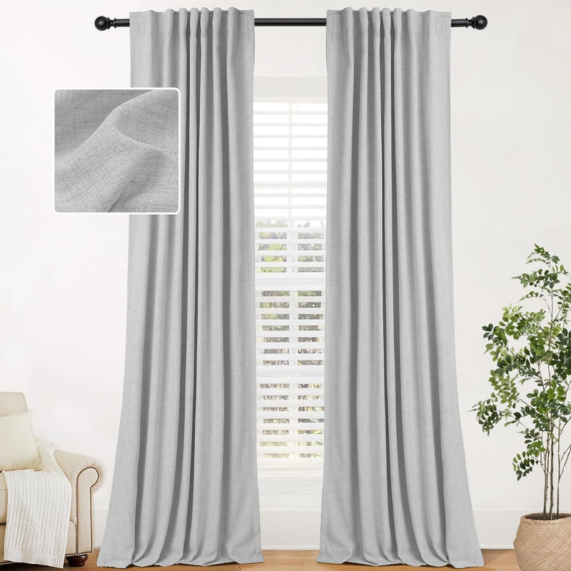 100% Blackout Linen Curtains 2 Panels Set Back Tab/Rod Pocket