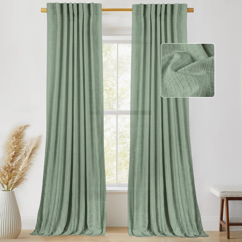 Semi Sheer Back Tab Linen Curtains 2 Panels Set